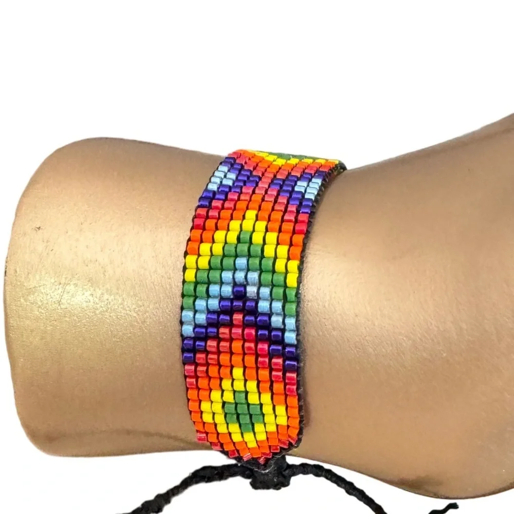 Handwoven handcrafted geometric colorful seed bead tie-on bracelet